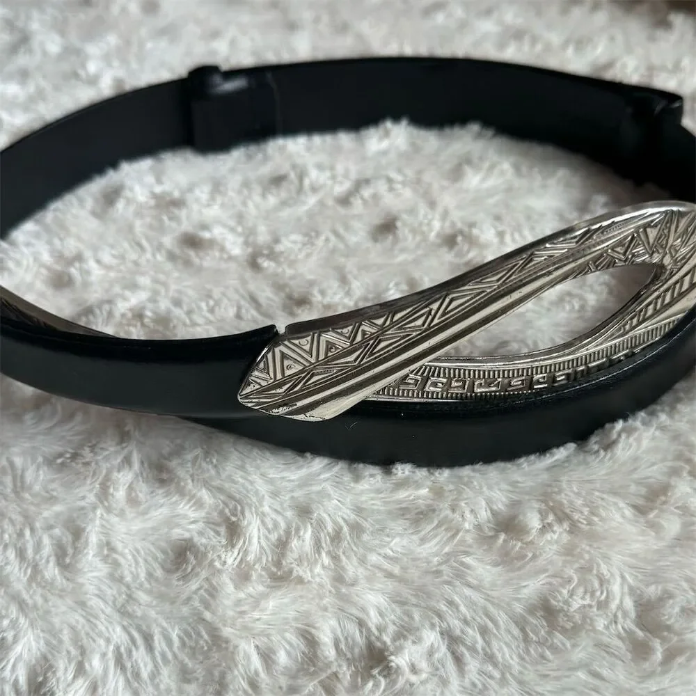 Chico's Women's Black Leather Belt Silver Claw Hook Buckle Size S/M